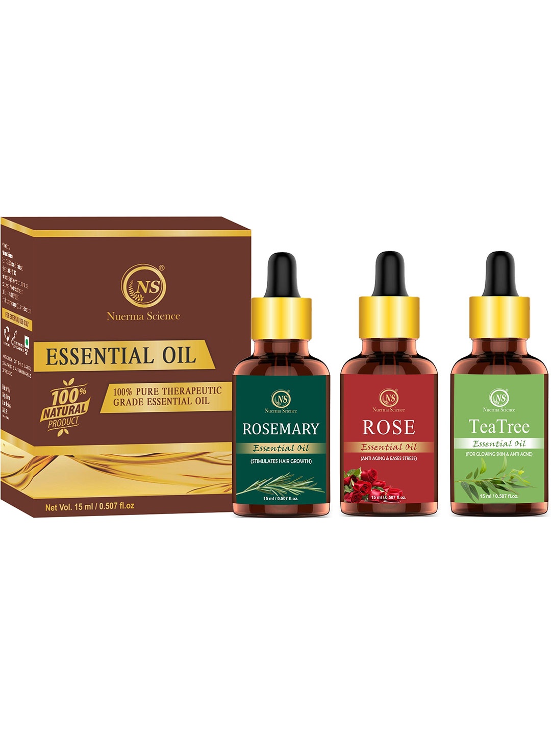 

Nuerma Science Set of 3 Pure Essential Oils 15 ml each - Rosemary + Rose + Tea Tree, Green