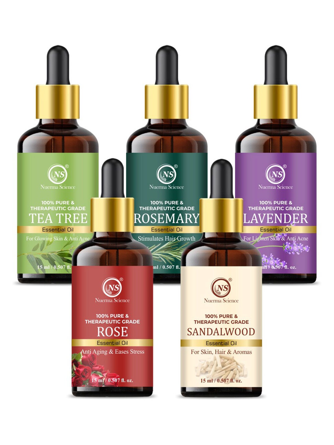 

Nuerma Science 5-Pcs Tea Tree-Rosemary-Lavender-Rose & Sandalwood Essential Oil, Na