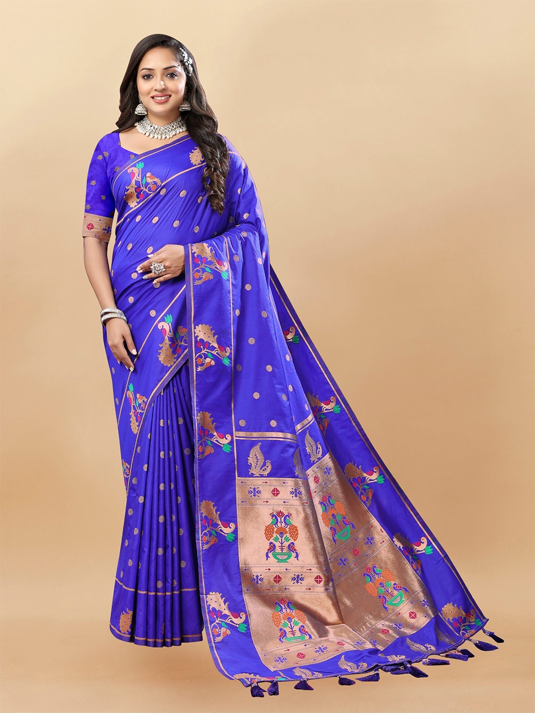 

bansari textiles Ethnic Motifs Woven Design Zari Silk Cotton Banarasi Saree, Blue