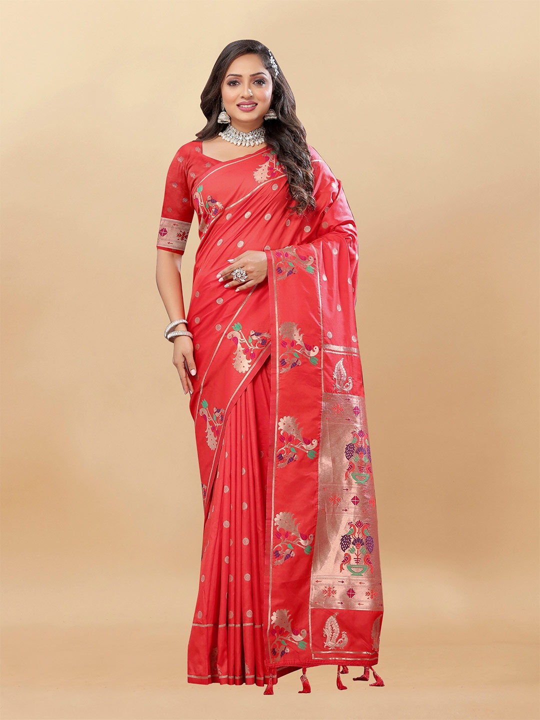 

bansari textiles Ethnic Motifs Woven Design Zari Silk Cotton Banarasi Saree, Red
