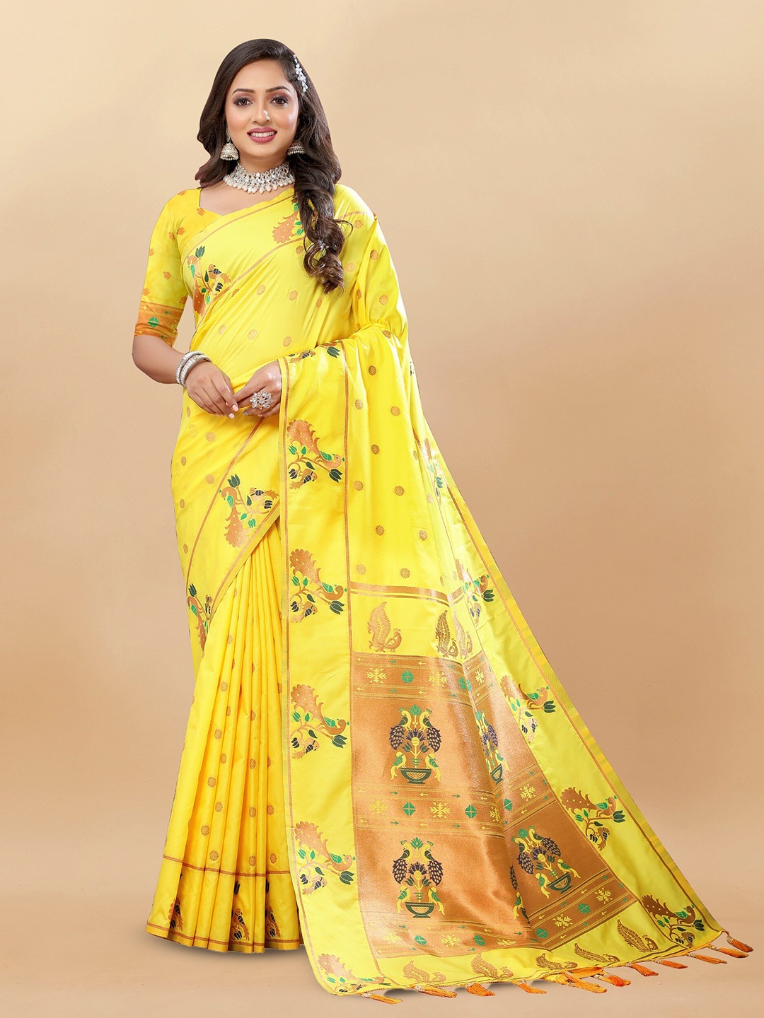

bansari textiles Ethnic Motifs Woven Design Zari Silk Cotton Banarasi Saree, Yellow