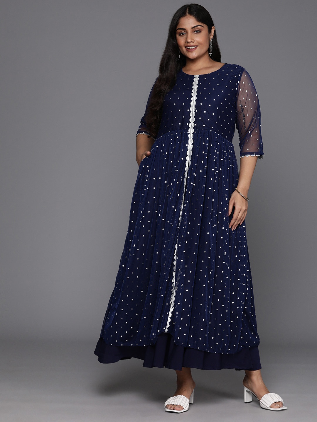 

A PLUS BY AHALYAA Plus Size Polka Dots Print A-Line Maxi Ethnic Dress, Navy blue