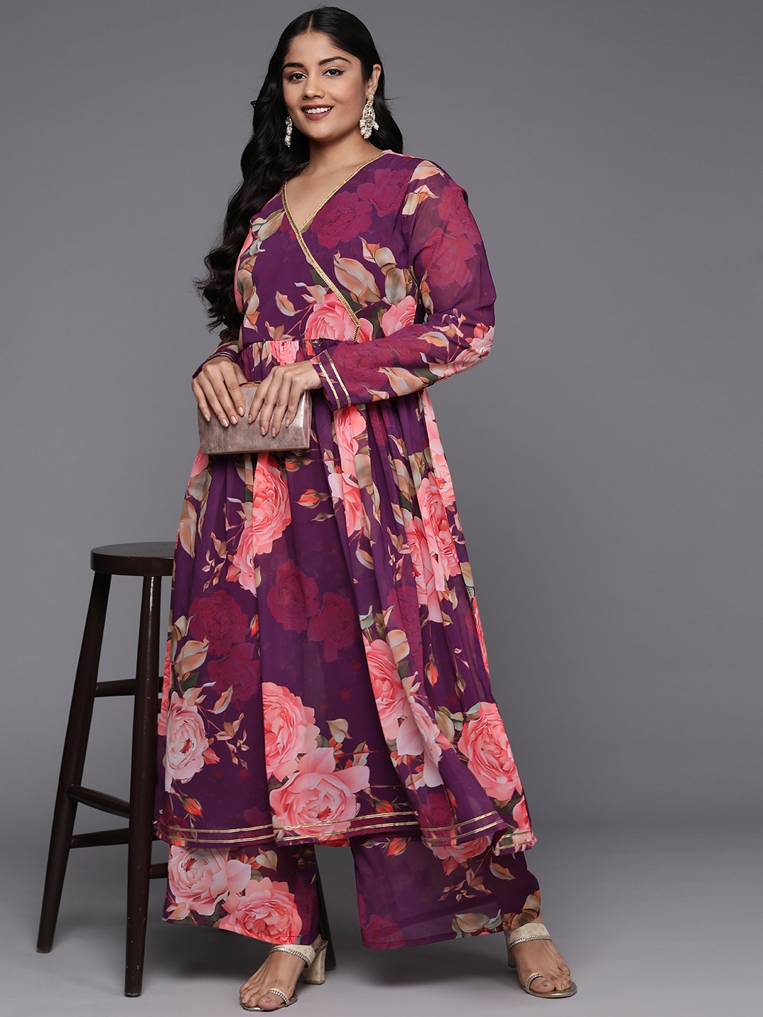 

A PLUS BY AHALYAA Plus Size Floral Printed Angrakha Zari Anarkali Kurt Set, Purple