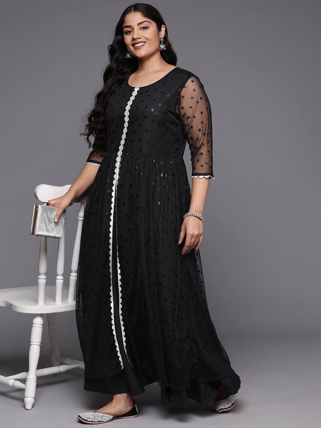 

A PLUS BY AHALYAA Women Plus Size Star Print Net A-Line Maxi Dress, Black