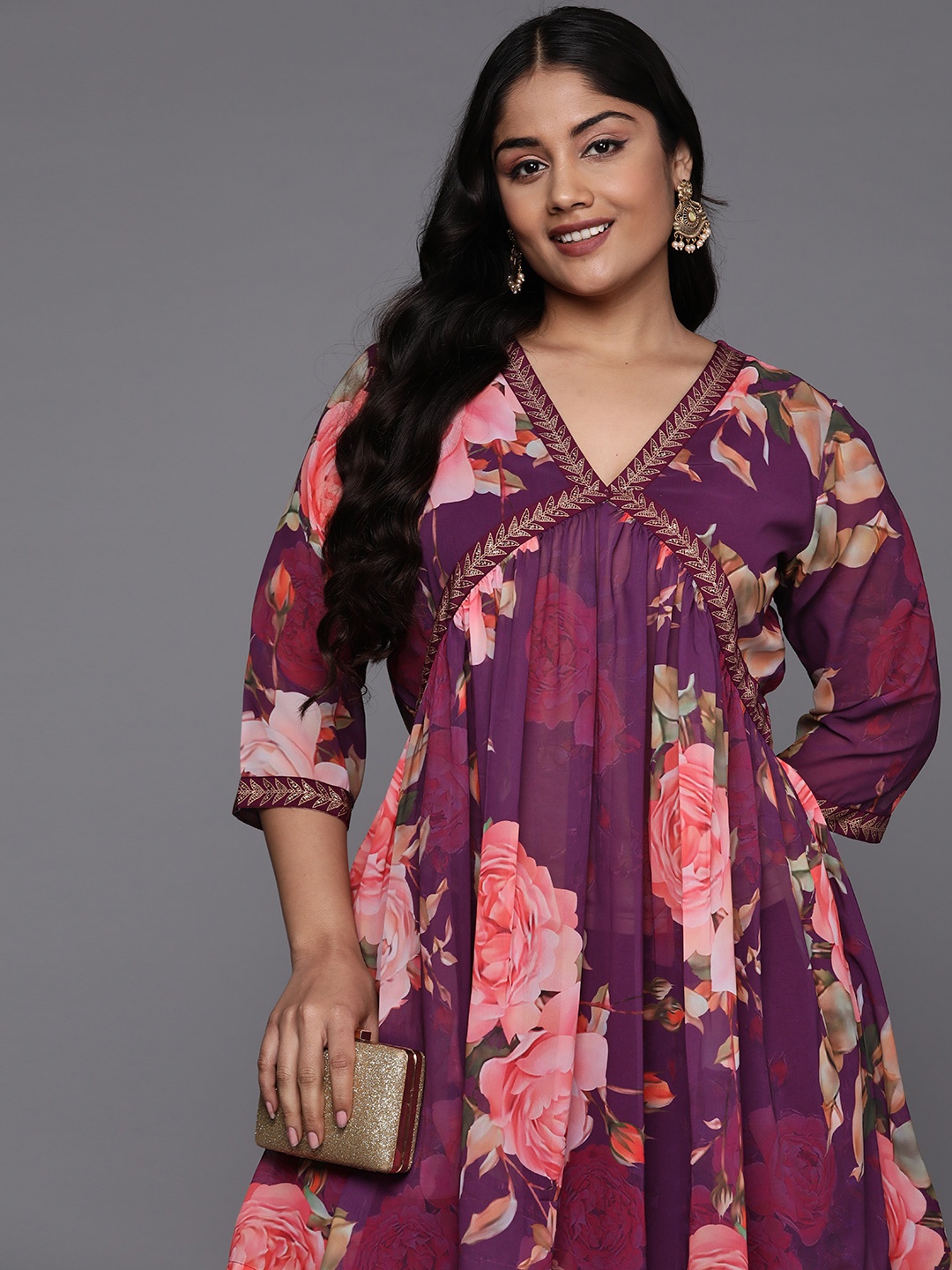 

A PLUS BY AHALYAA Women Plus Size Printed Ethnic Co-Ords, Purple