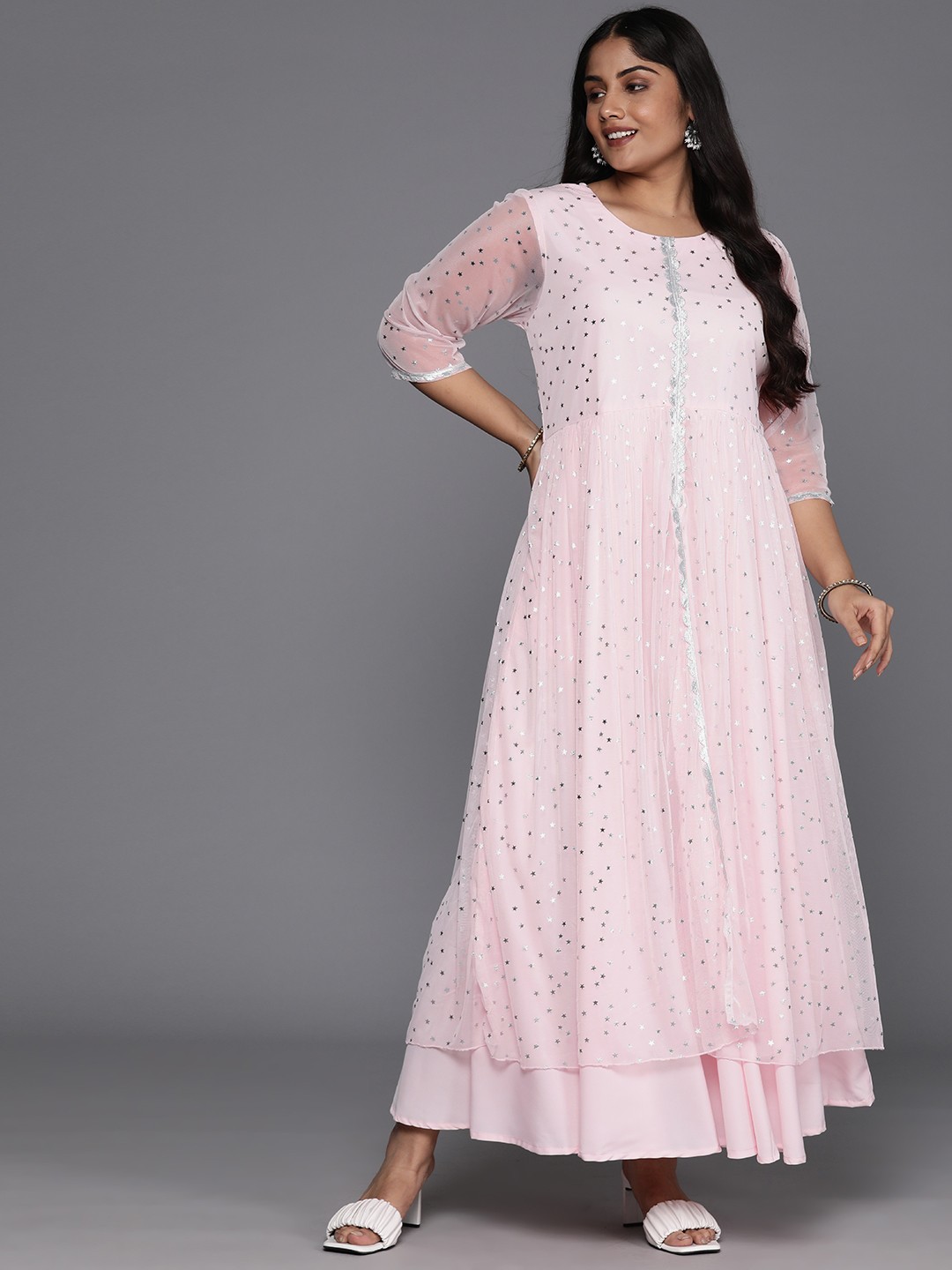 

A PLUS BY AHALYAA Plus Size Conversational Print A-Line Maxi Ethnic Dress, Pink