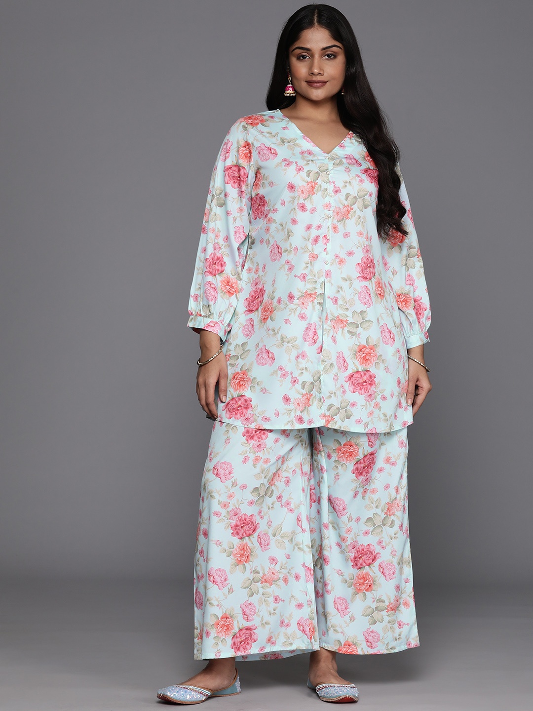 

A PLUS BY AHALYAA Plus Size Floral Printed Regular Kurti with Palazzos, Sea green