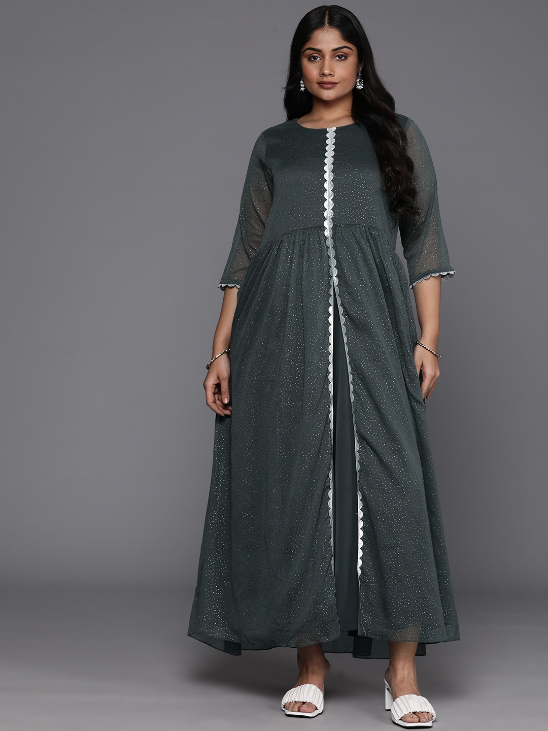 

A PLUS BY AHALYAA Plus Size Abstract Print Layered Ethnic Dress, Grey
