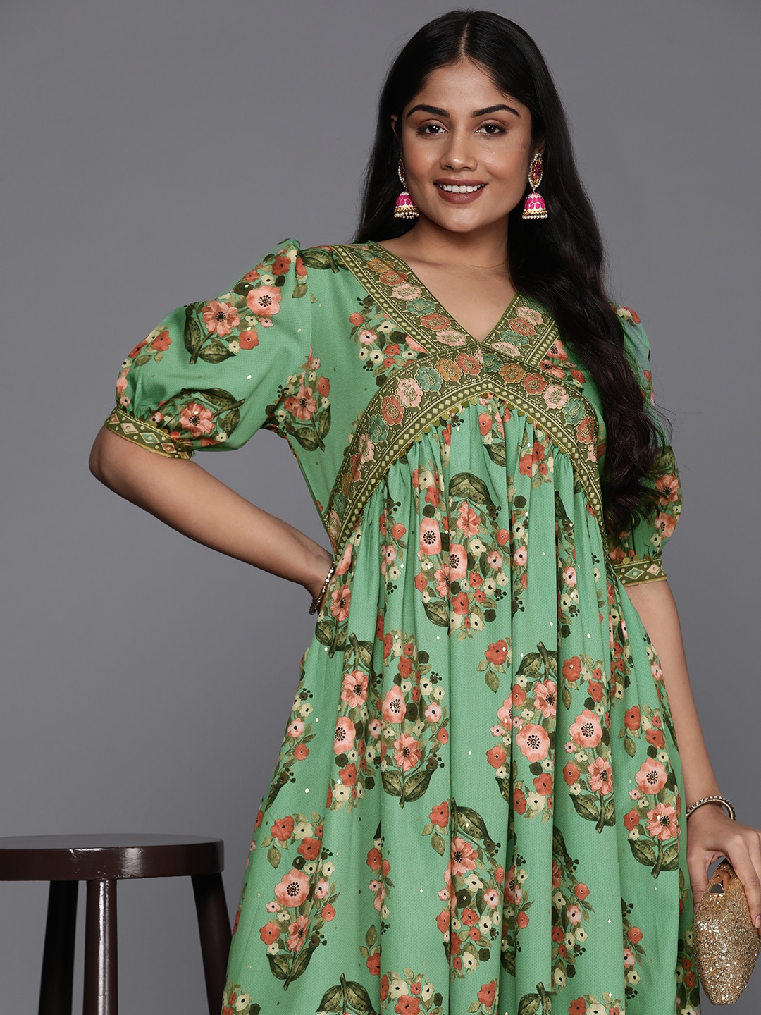 

A PLUS BY AHALYAA Plus Size Floral Print Puff Sleeves Sequinned Midi Empire Ethnic Dress, Green