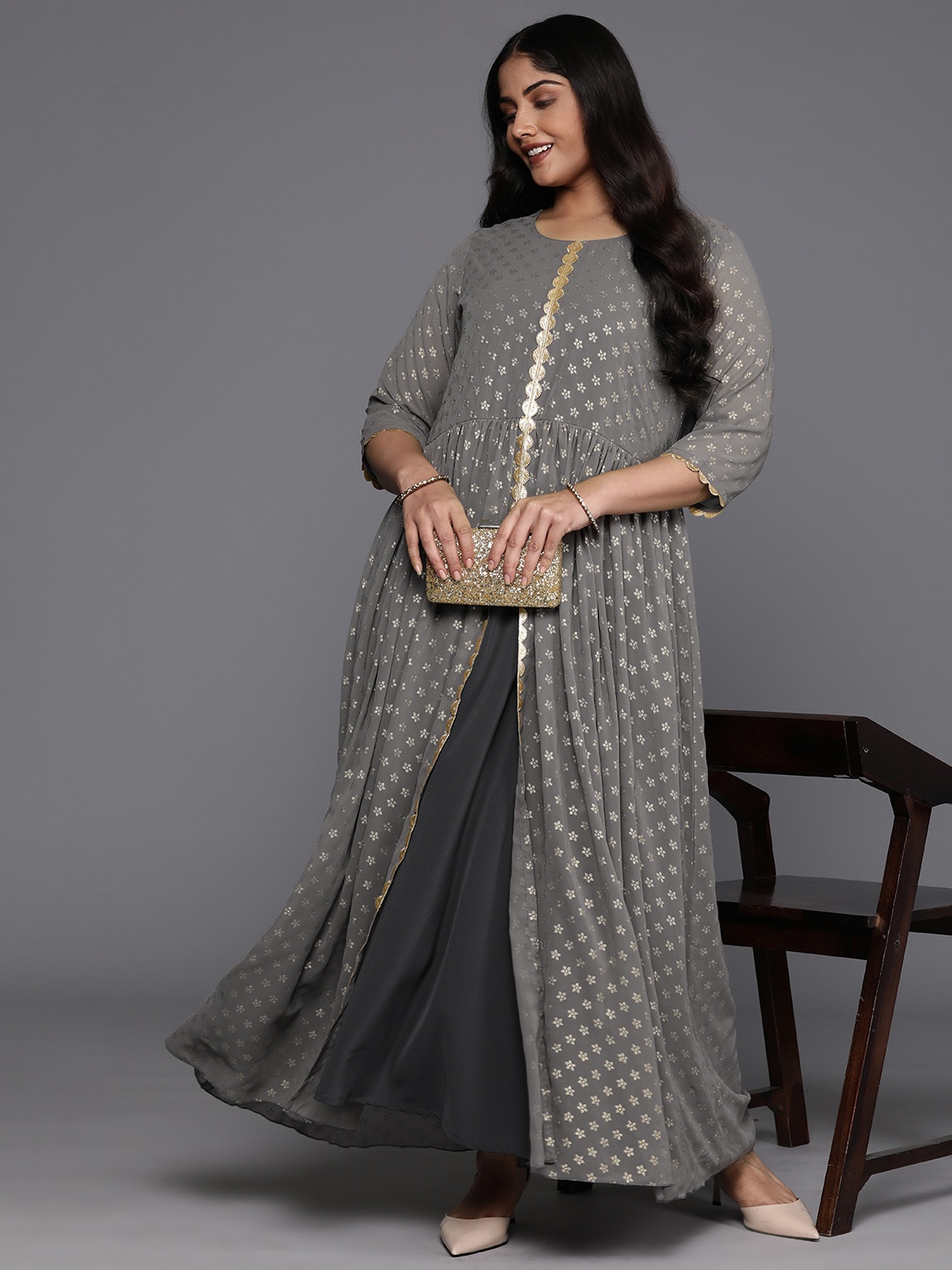 

A PLUS BY AHALYAA Plus Size Floral Print Layered Ethnic Dress, Grey