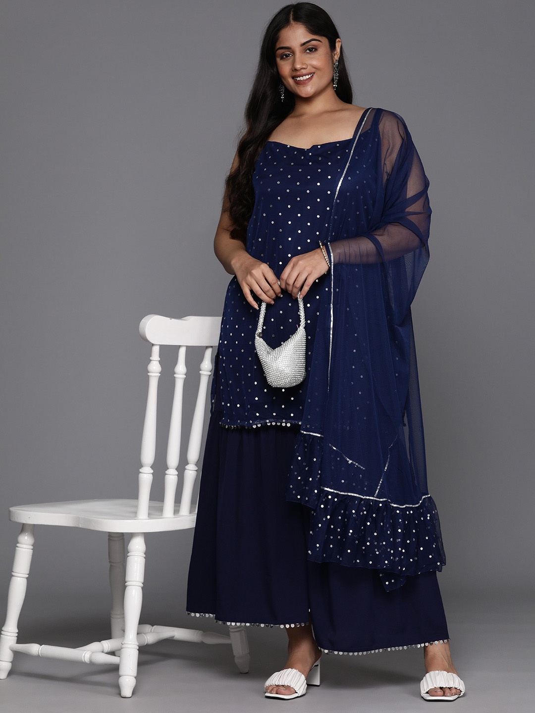 

A PLUS BY AHALYAA Plus Size Printed Regular Sequinned Sharara Set With Dupatta, Navy blue