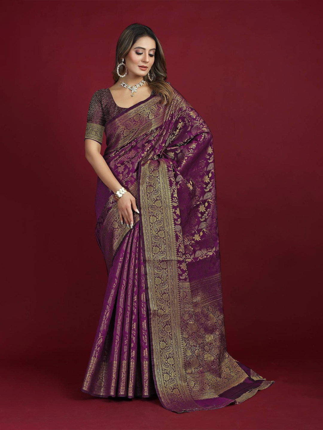 

PATIALAPICKS Woven Design Zari Pure Silk Heavy Work Kanjeevaram Saree, Purple