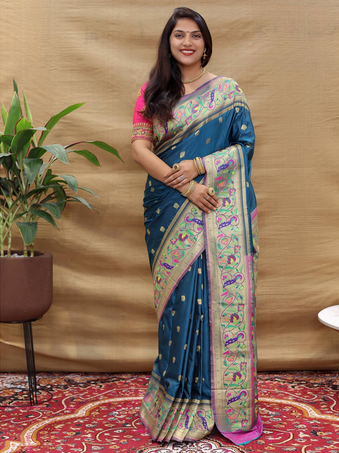 

PATIALAPICKS Woven Design Zari Pure Silk Heavy Work Kanjeevaram Saree, Navy blue
