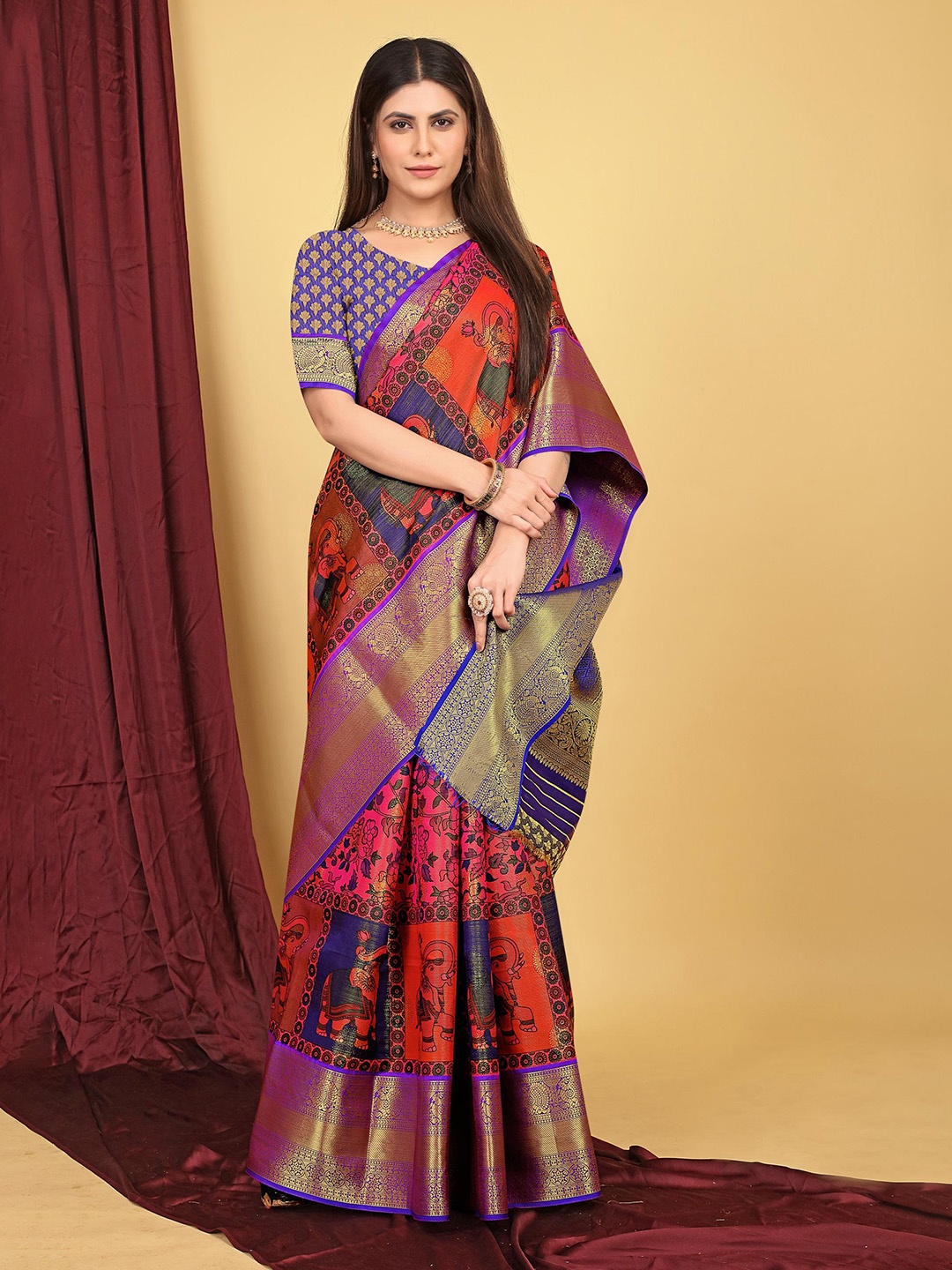 

PATIALAPICKS Floral Woven Design Zari Pure Silk Kanjeevaram Saree, Red