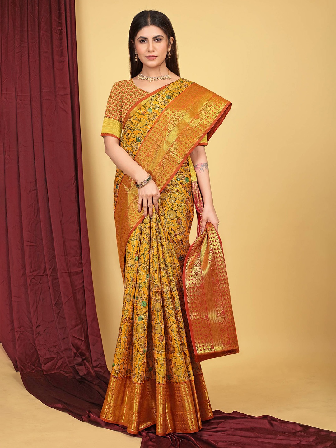 

PATIALAPICKS Floral Printed Zari Pure Silk Kanjeevaram Saree, Orange