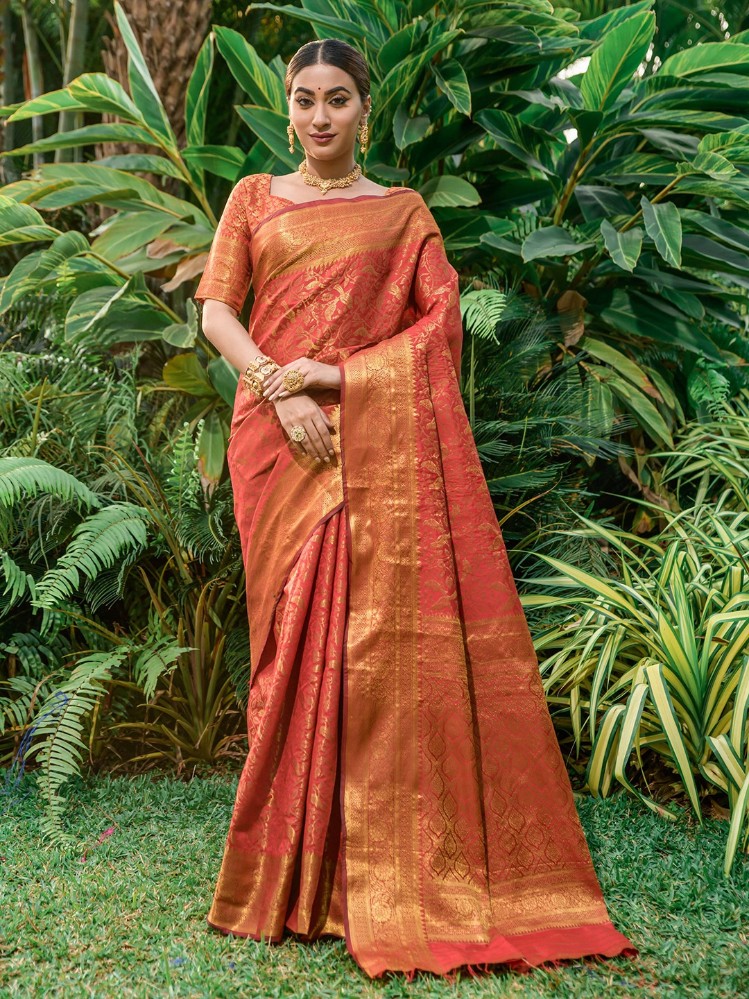 

PATIALAPICKS Floral Woven Design Zari Pure Silk Kanjeevaram Saree, Orange