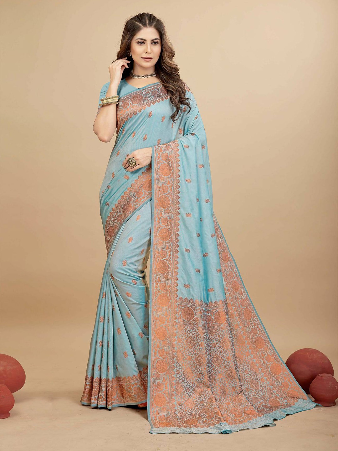 

PATIALAPICKS Ethnic Motifs Woven Design Zari Pure Silk Kanjeevaram Saree, Blue