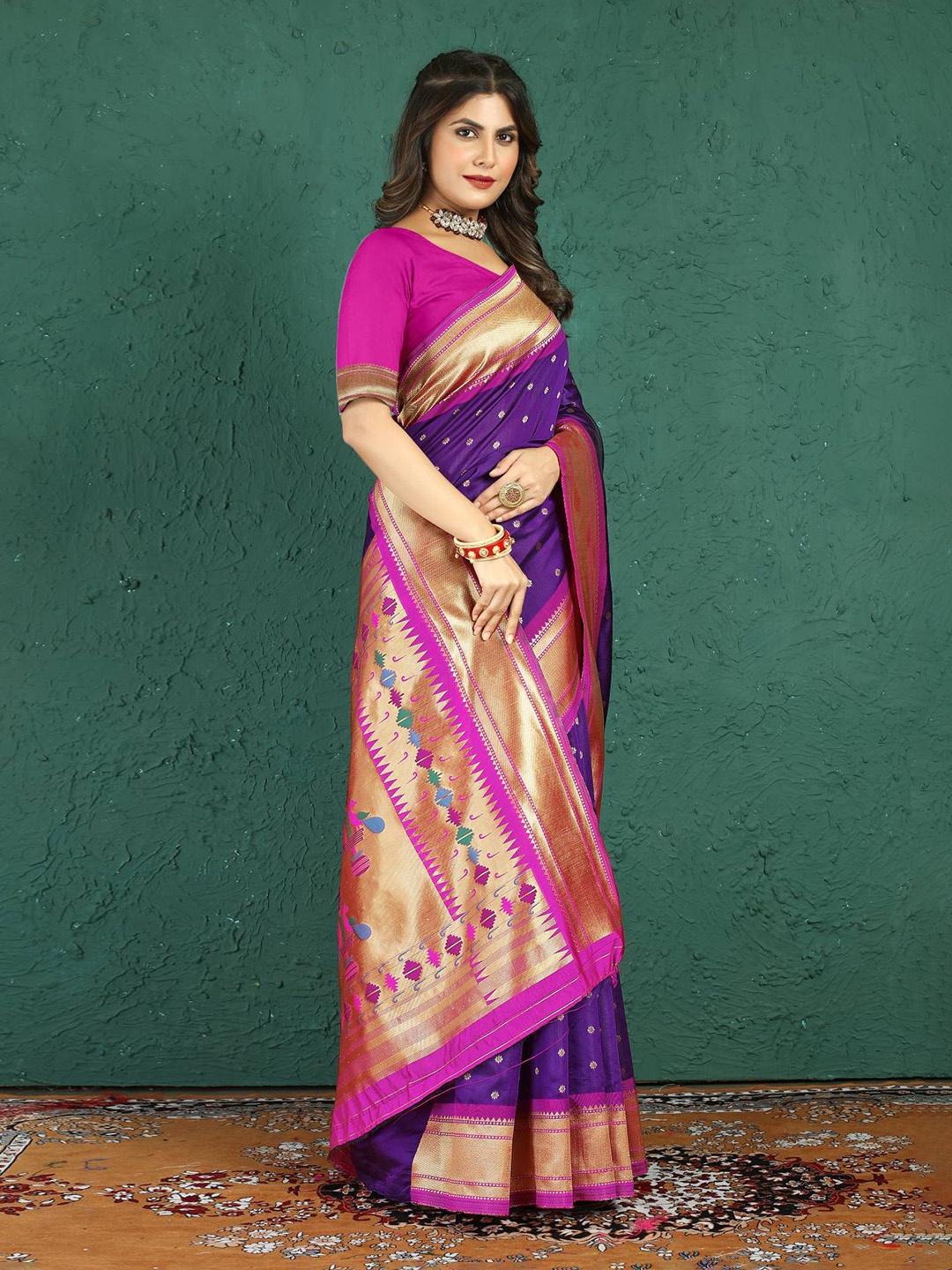 

PATIALAPICKS Ethnic Motifs Woven Design Zari Pure Silk Kanjeevaram Saree, Purple