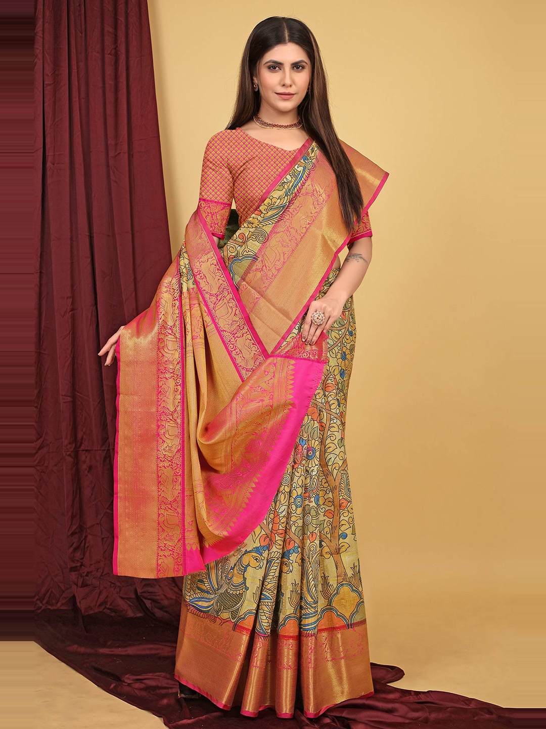 

PATIALAPICKS Floral Woven Design Zari Pure Silk Kanjeevaram Saree, Yellow