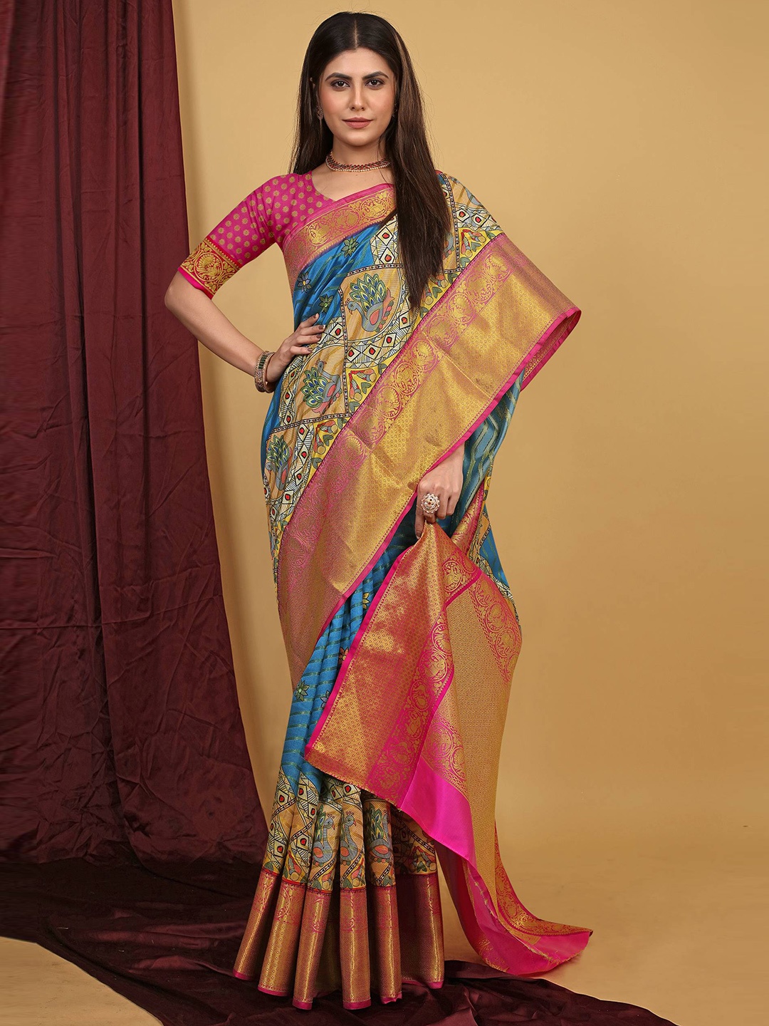 

PATIALAPICKS Woven Design Zari Pure Silk Heavy Work Kanjeevaram Saree, Blue