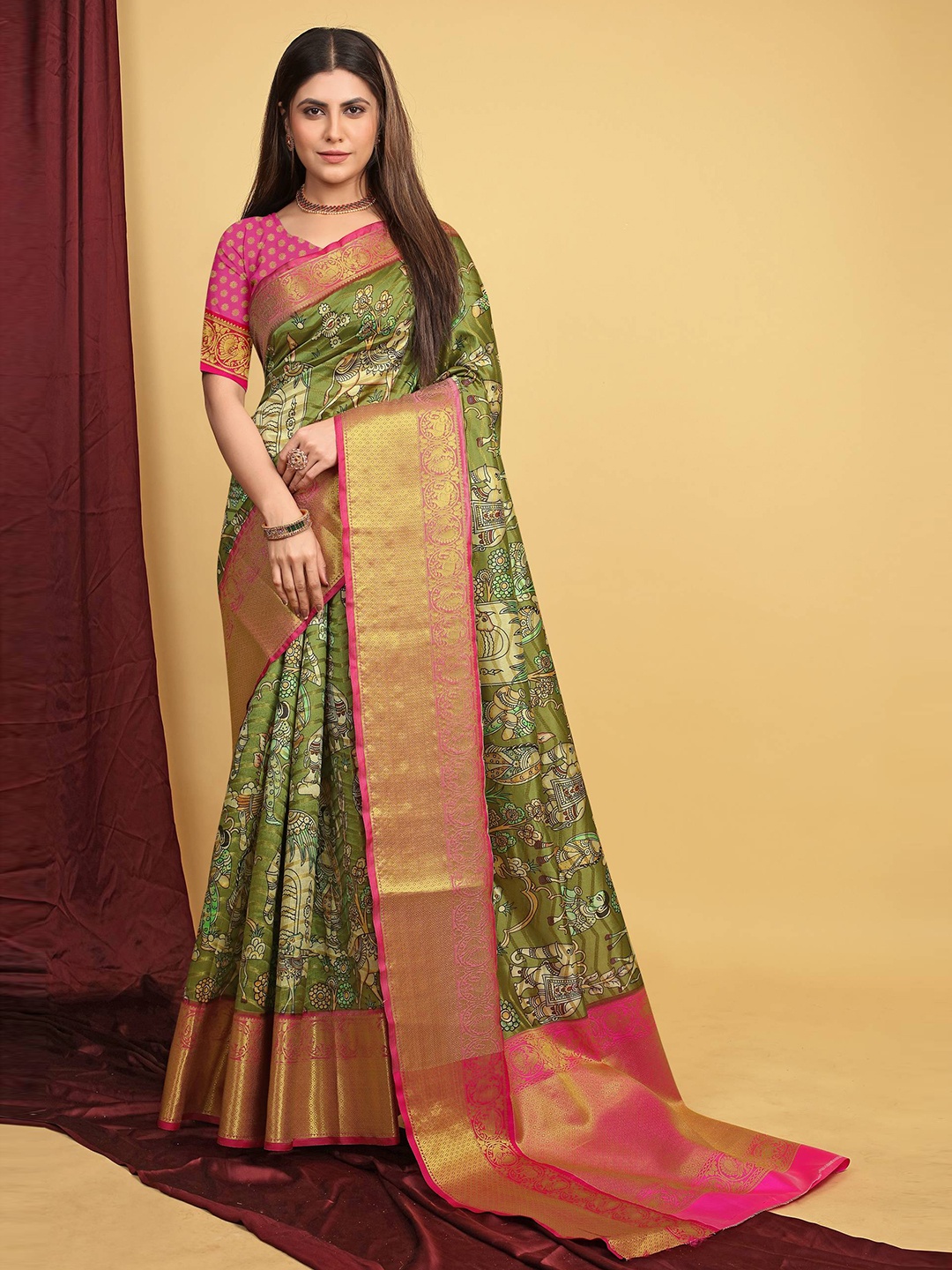 

PATIALAPICKS Woven Design Zari Pure Silk Heavy Work Kanjeevaram Saree, Green