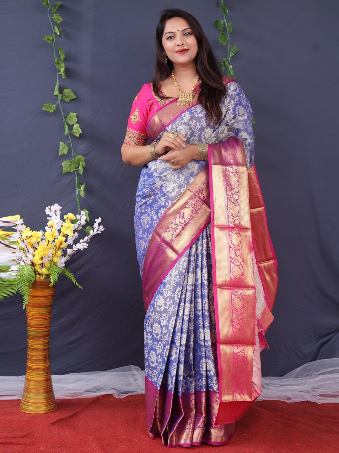 

PATIALAPICKS Woven Design Zari Pure Silk Heavy Work Kanjeevaram Saree, Blue