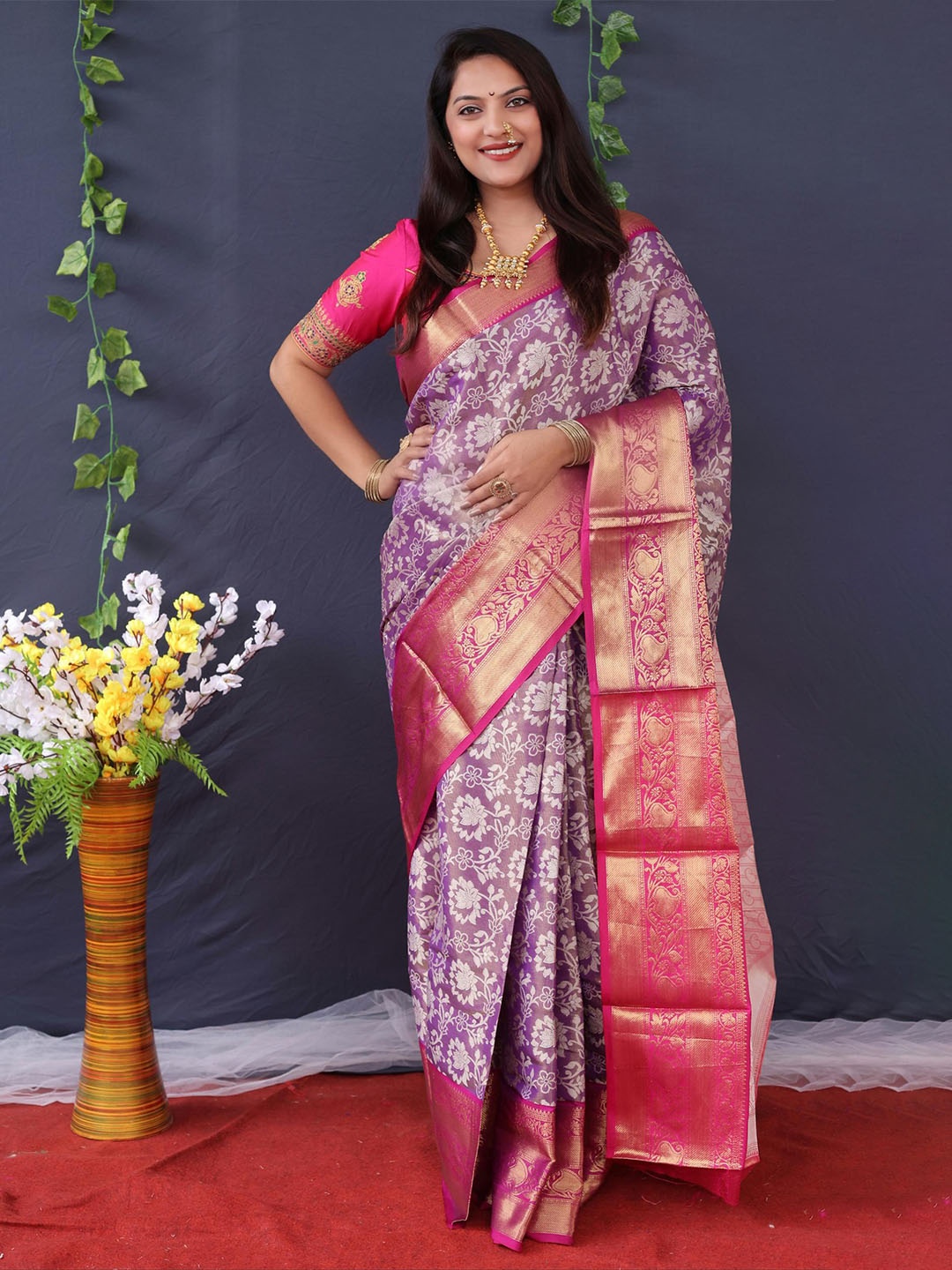 

PATIALAPICKS Woven Design Zari Pure Silk Heavy Work Kanjeevaram Saree, Purple