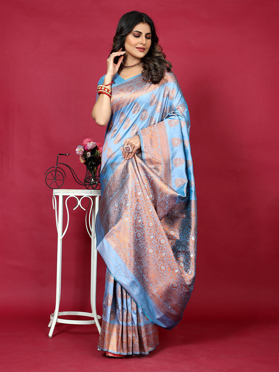 

PATIALAPICKS Woven Design Zari Pure Silk Heavy Work Kanjeevaram Saree, Purple