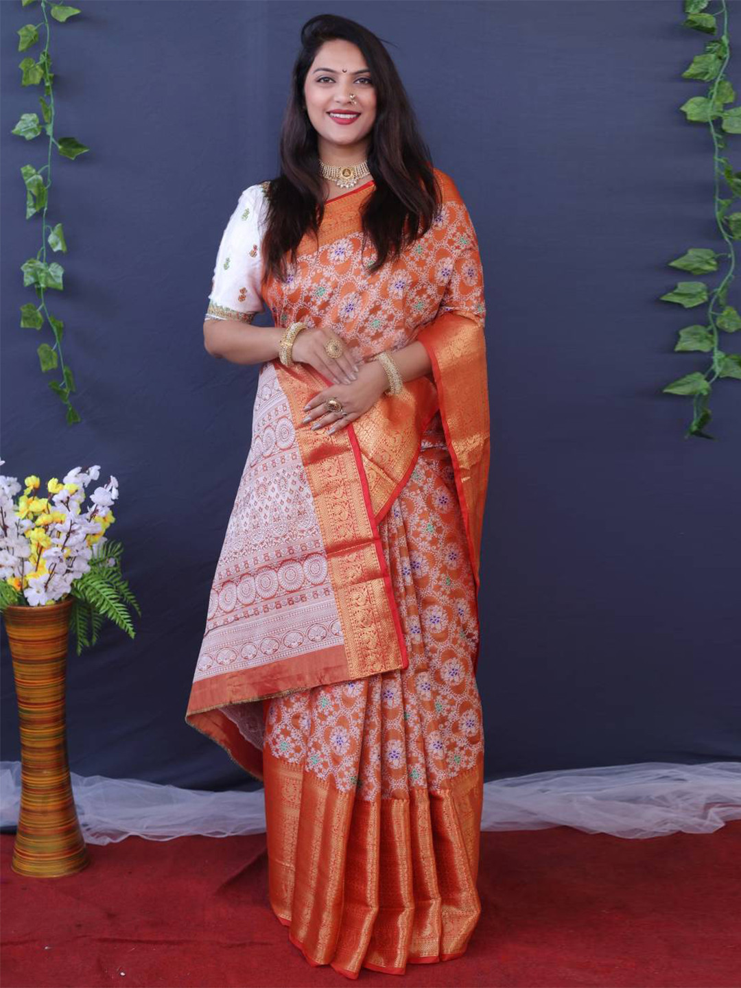 

PATIALAPICKS Woven Design Zari Pure Silk Heavy Work Kanjeevaram Saree, Orange