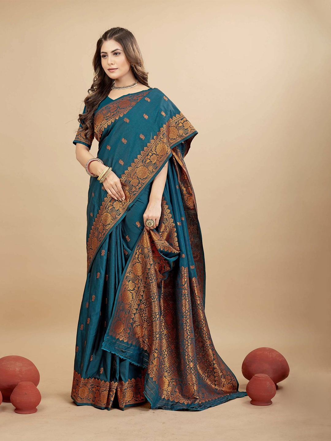 

PATIALAPICKS Ethnic Woven Design Zari Pure Silk Heavy Work Kanjeevaram Saree, Teal