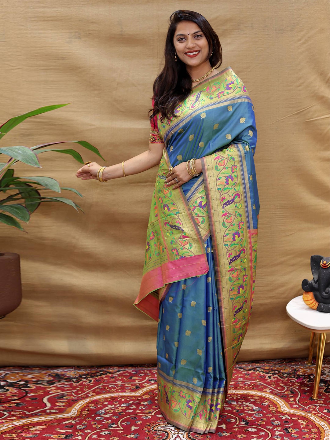 

PATIALAPICKS Ethnic Woven Design Zari Pure Silk Heavy Work Kanjeevaram Saree, Navy blue