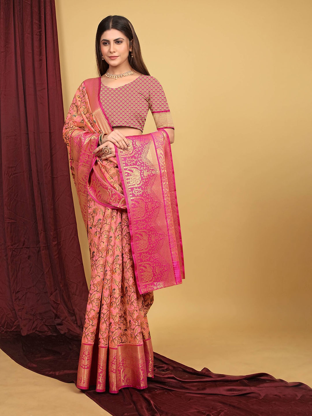

PATIALAPICKS Ethnic Woven Design Zari Pure Silk Heavy Work Kanjeevaram Saree, Pink