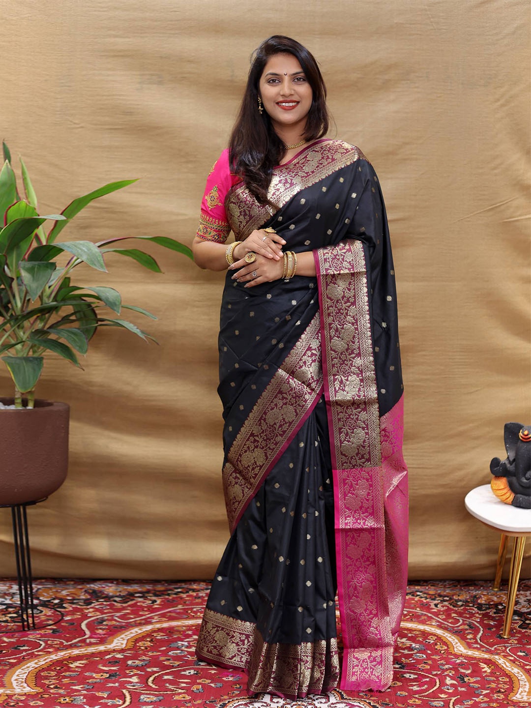 

PATIALAPICKS Ethnic Woven Design Zari Pure Silk Heavy Work Kanjeevaram Saree, Black