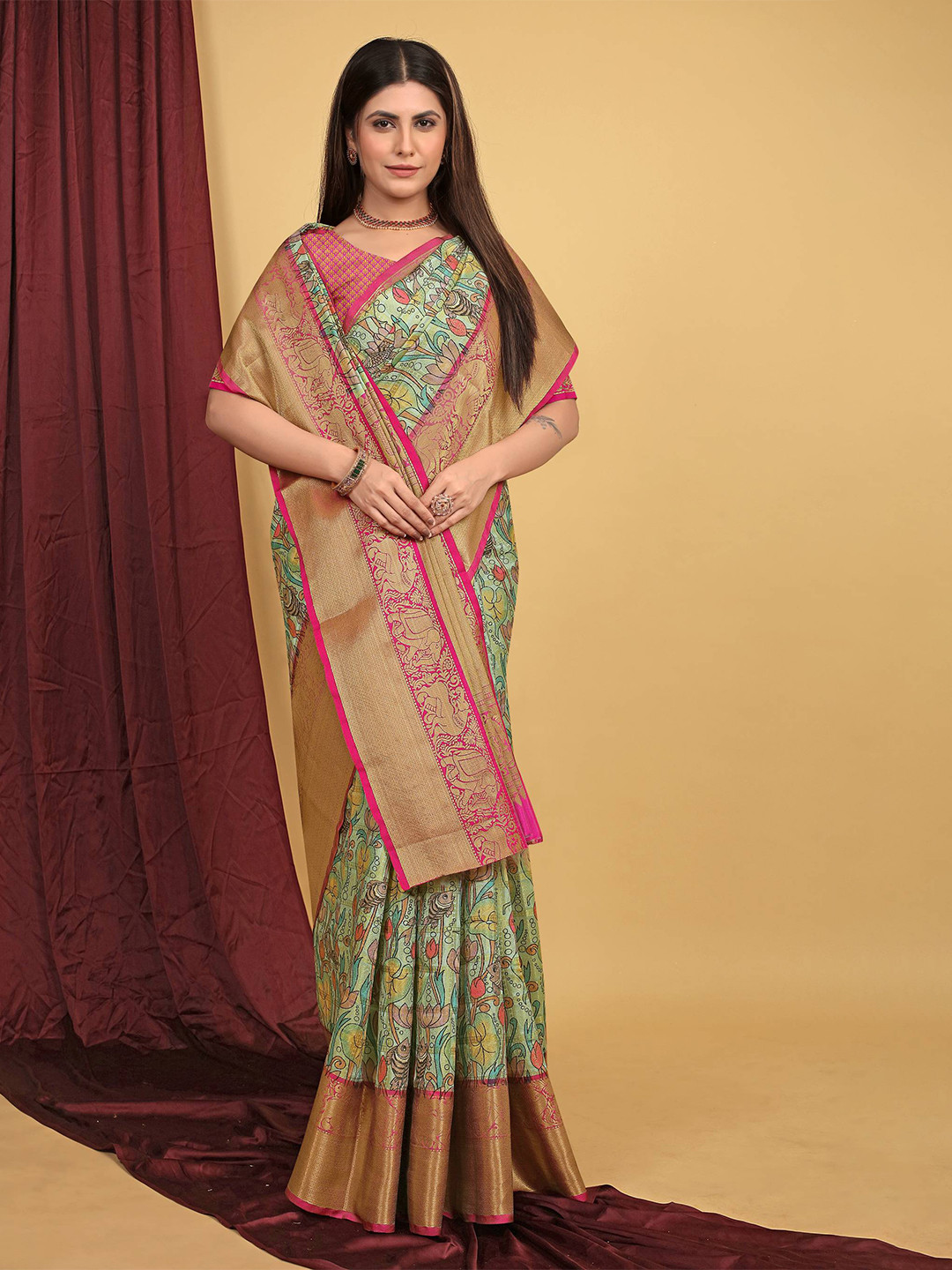 

PATIALAPICKS Ethnic Woven Design Zari Pure Silk Heavy Work Kanjeevaram Saree, Green