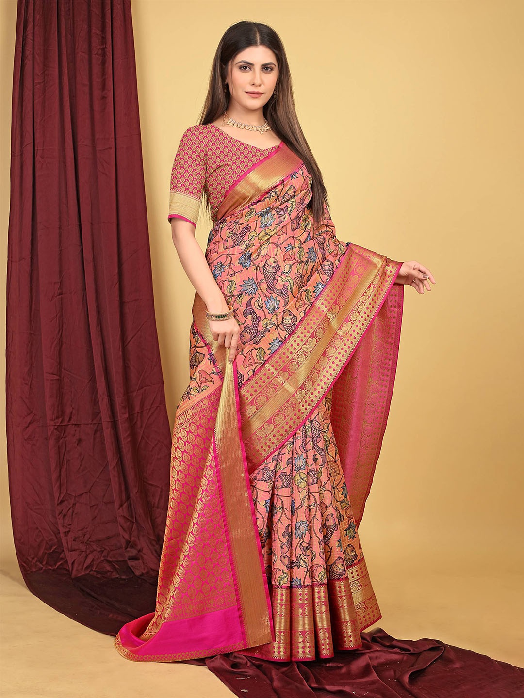 

PATIALAPICKS Ethnic Woven Design Zari Pure Silk Heavy Work Kanjeevaram Saree, Pink
