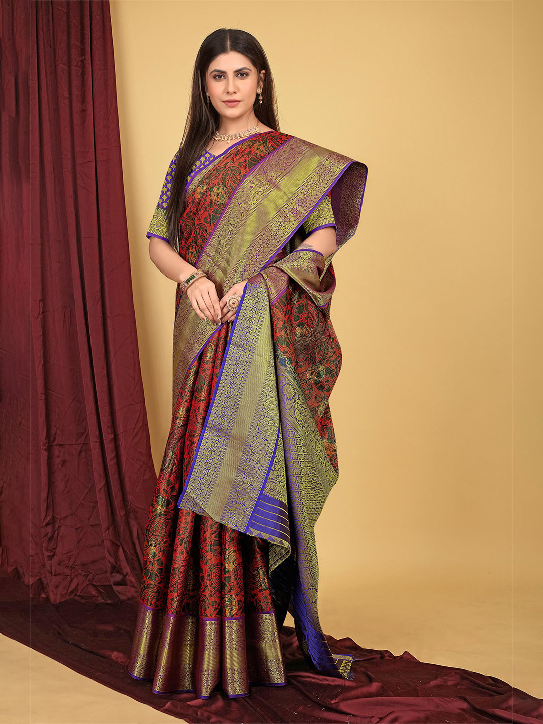 

PATIALAPICKS Ethnic Woven Design Zari Pure Silk Heavy Work Kanjeevaram Saree, Black