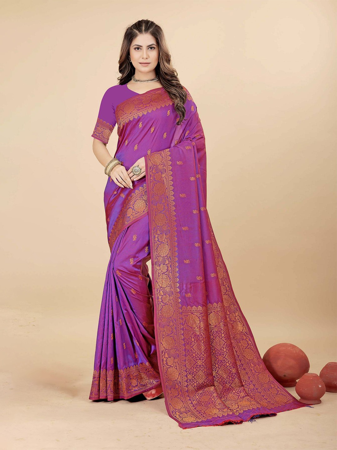 

PATIALAPICKS Ethnic Woven Design Zari Pure Silk Heavy Work Kanjeevaram Saree, Purple