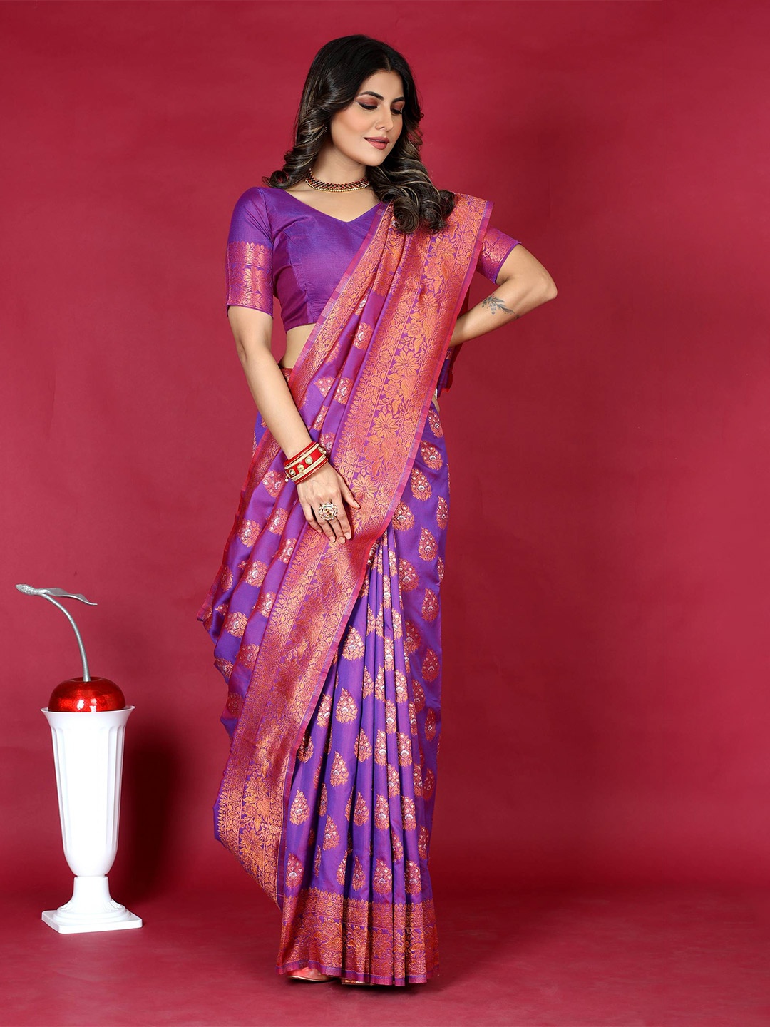 

PATIALAPICKS Purple & Purple Woven Design Zari Pure Silk Heavy Work Kanjeevaram Saree