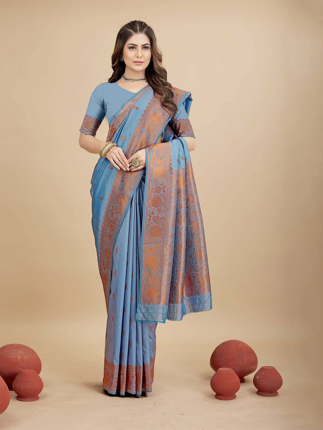

PATIALAPICKS Blue & Blue Woven Design Zari Pure Silk Heavy Work Kanjeevaram Saree
