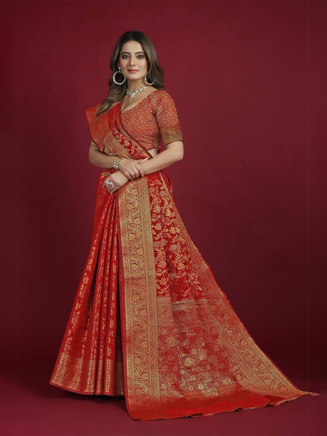 

PATIALAPICKS Ethnic Woven Design Zari Pure Silk Heavy Work Kanjeevaram Saree, Red