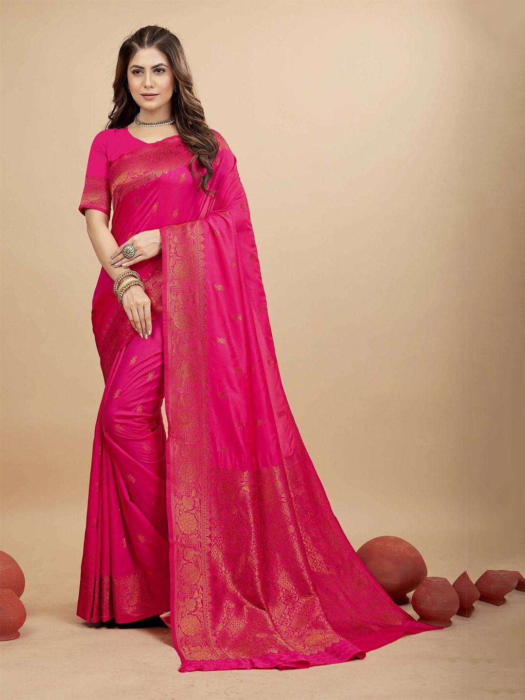 

PATIALAPICKS Ethnic Motifs Zari Woven Design Pure Silk Kanjeevaram Saree, Pink