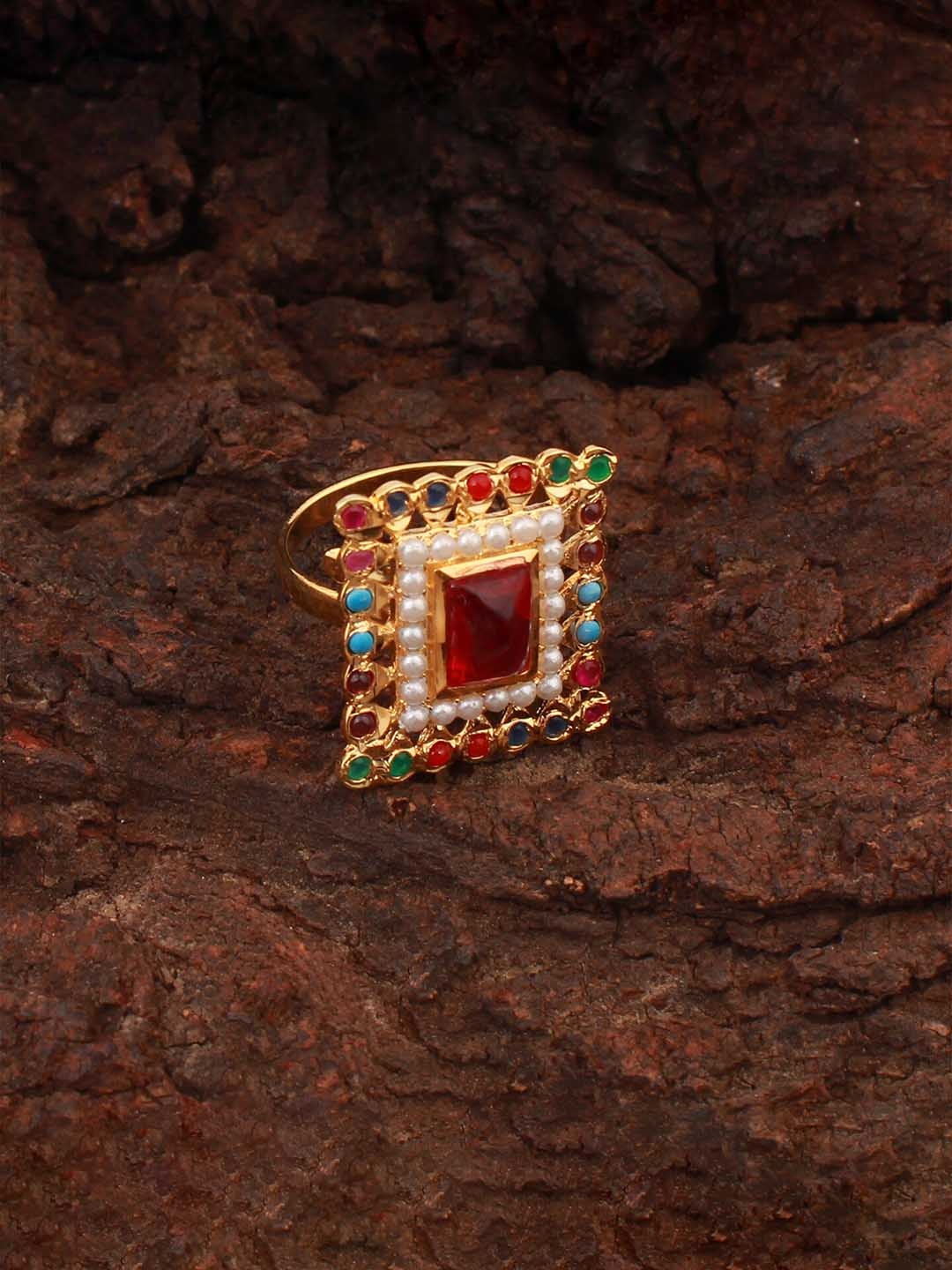 

Mirana Gold-Plated CZ-Studded & Pearl-Beaded Adjustable Finger Ring