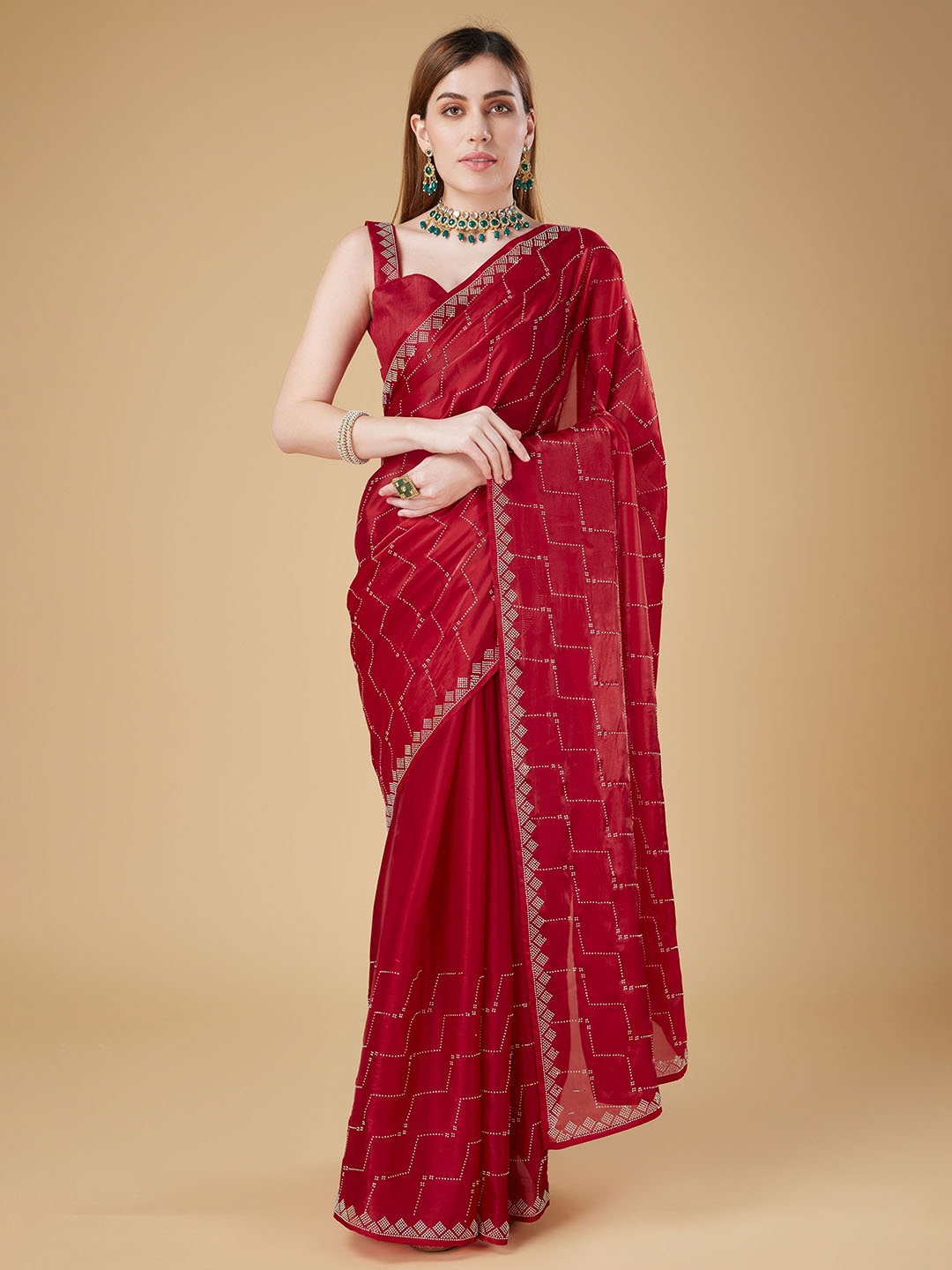 

Trendmalls Woven Design Leheriya Embellished Beads and Stones Saree, Red