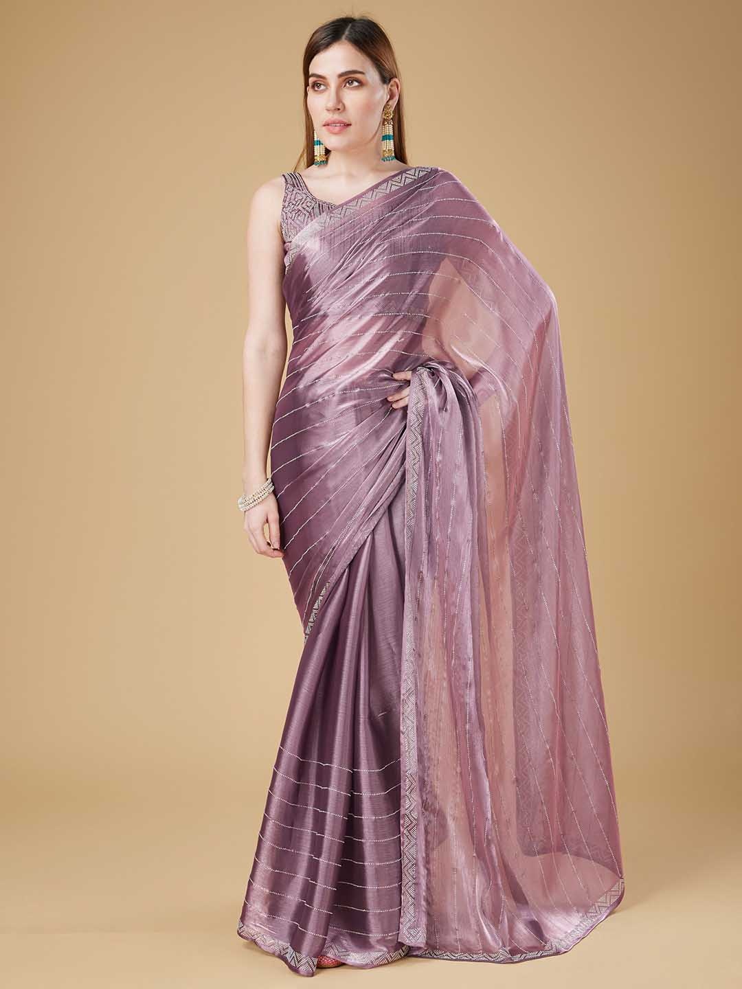 

Trendmalls Woven Design Embellished Beads and Stones Saree, Lavender