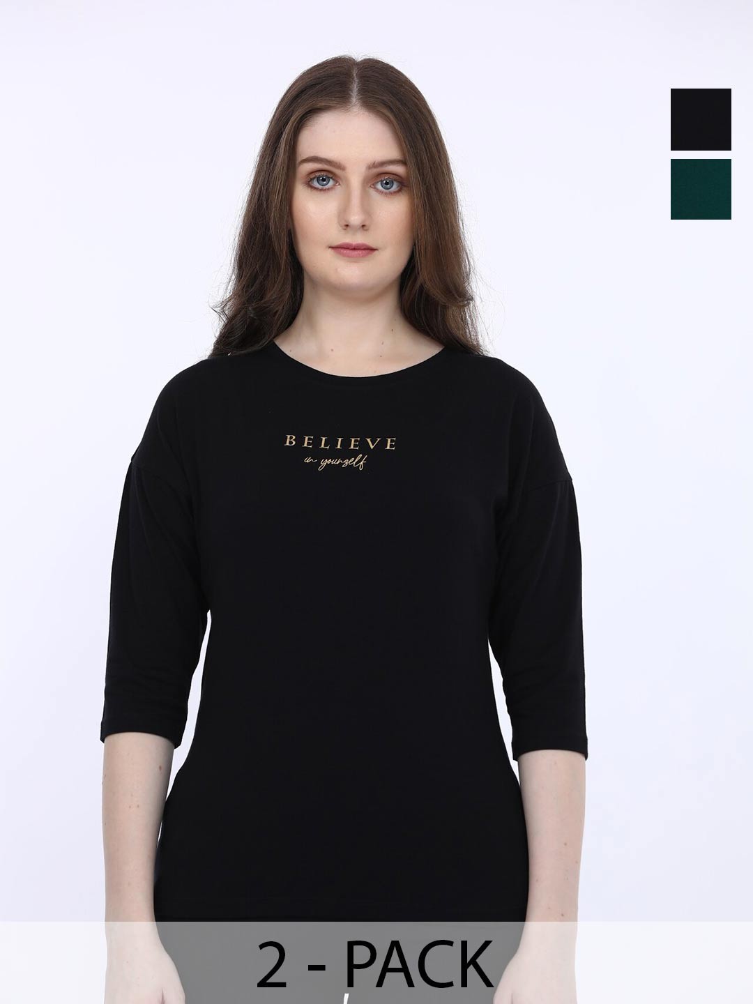 

MAYSIXTY Pack Of 2 Typography Printed Round Neck Cotton Night Suit, Black