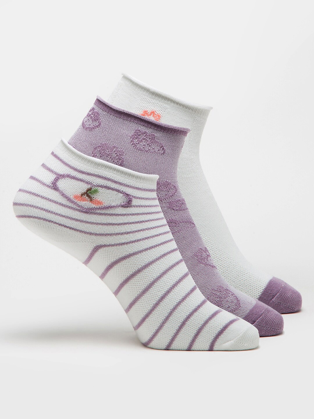 

J Style Women Pack Of 3 Patterned Ankle Length Socks, Purple