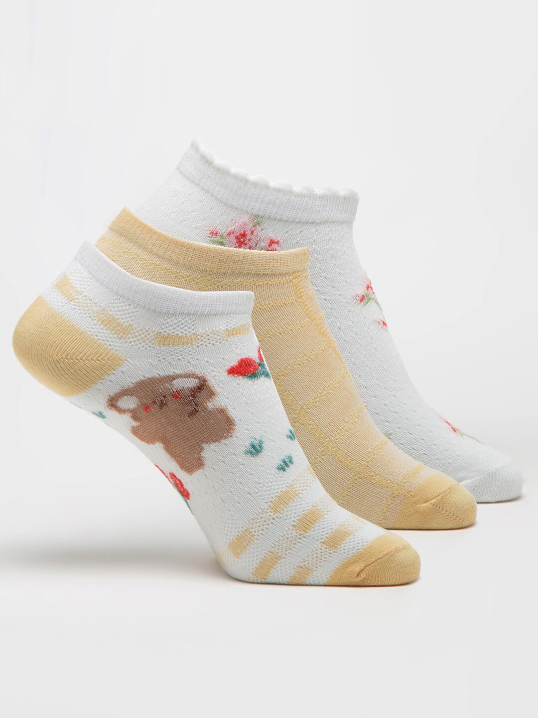 

J Style Women Pack Of 3 Patterned Ankle-Length Socks, White