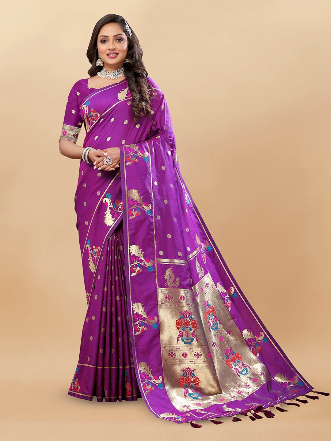 

bansari textiles Ethnic Motifs Woven Design Zari Silk Cotton Banarasi Saree, Purple