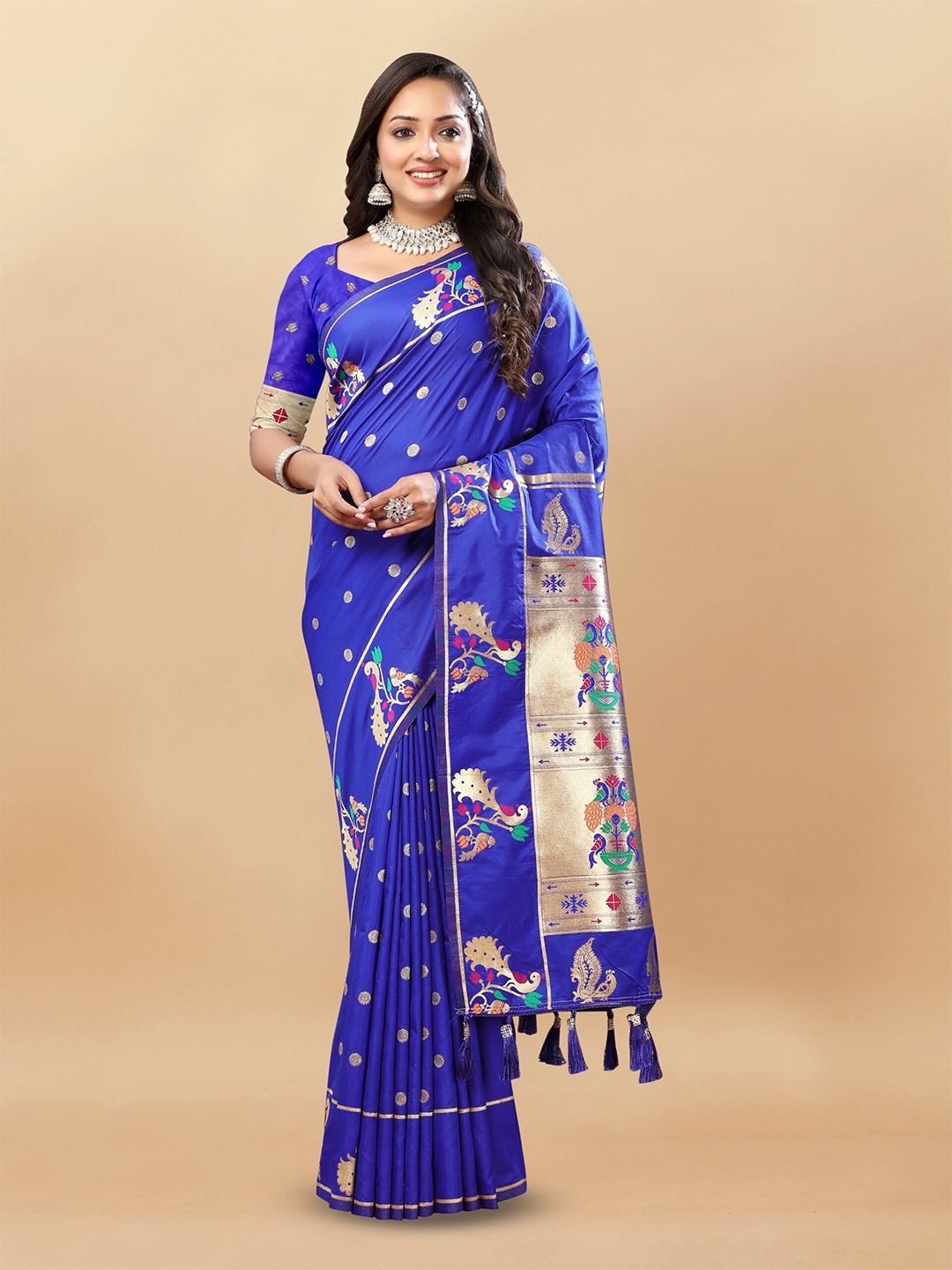 

bansari textiles Ethnic Motifs Woven Design Zari Silk Cotton Banarasi Saree, Blue