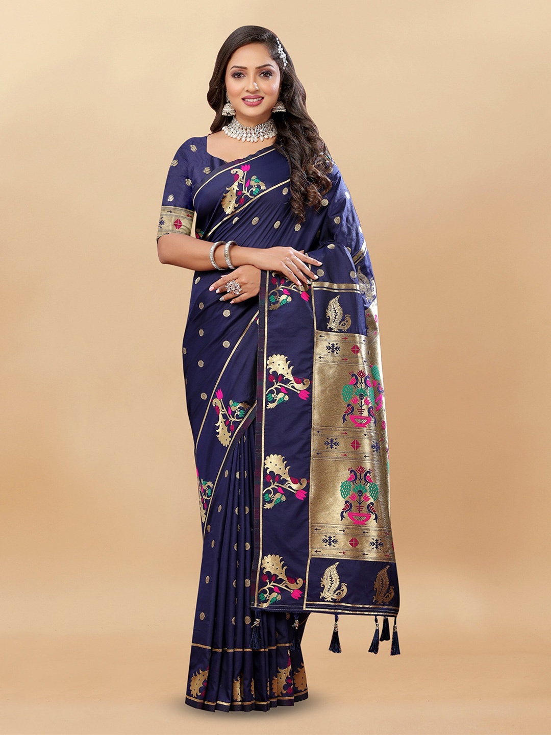 

bansari textiles Ethnic Motifs Woven Design Zari Silk Cotton Banarasi Saree, Navy blue